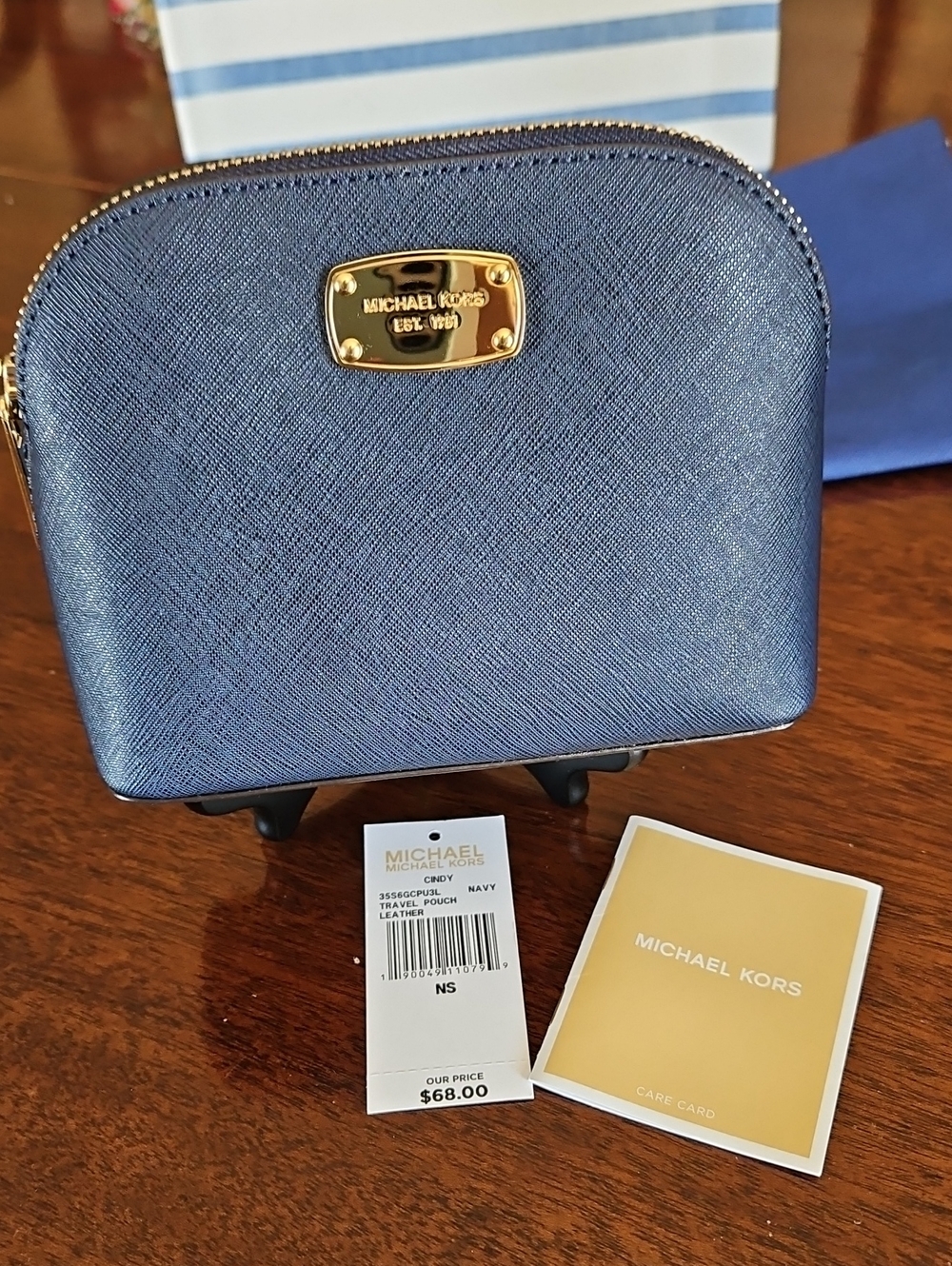 MICHAEL Michael Kors Navy Saffiano Leather Travel Pouch with Gold Hardware